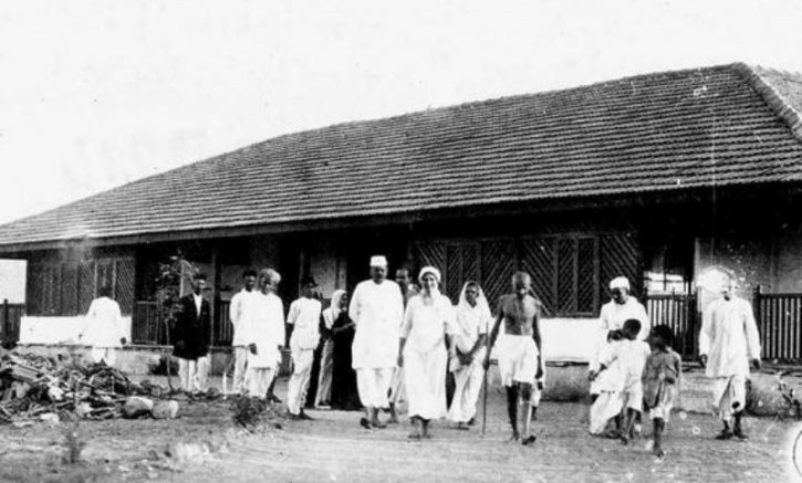 Gandhi and companions at Sabarmati Ashram, Ahmedabad