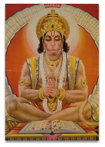 Hanuman, the immortal devotee of Sri Rama, reading the Ramayana