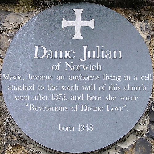 Historic plaque commemorating Dame Julian - at Norwich (the island in the bog), Norfolk, England