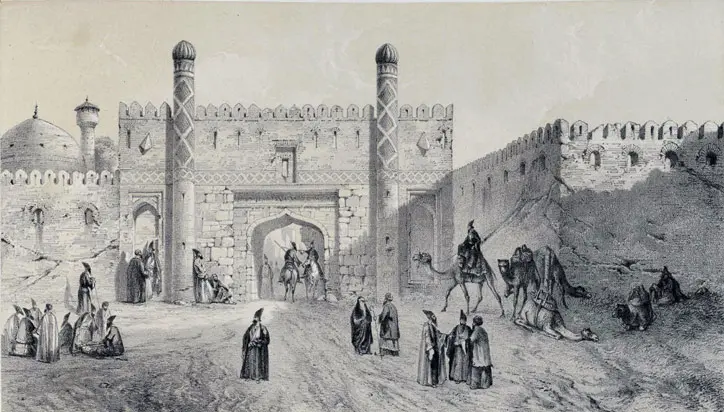 Illustration of the city gate of Tabriz, where The Bab was executed.